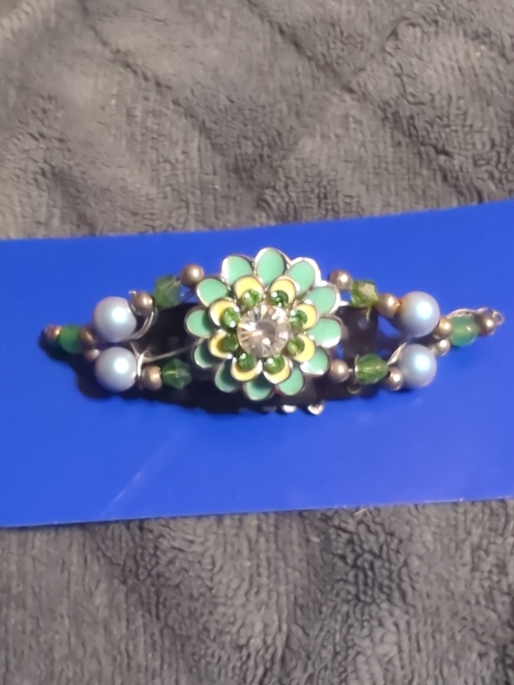 Green Floral Enamel Hair Barrett with Crystal Accent